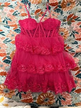 Hot Pink Tiered Lace & Tulle Babydoll Dress